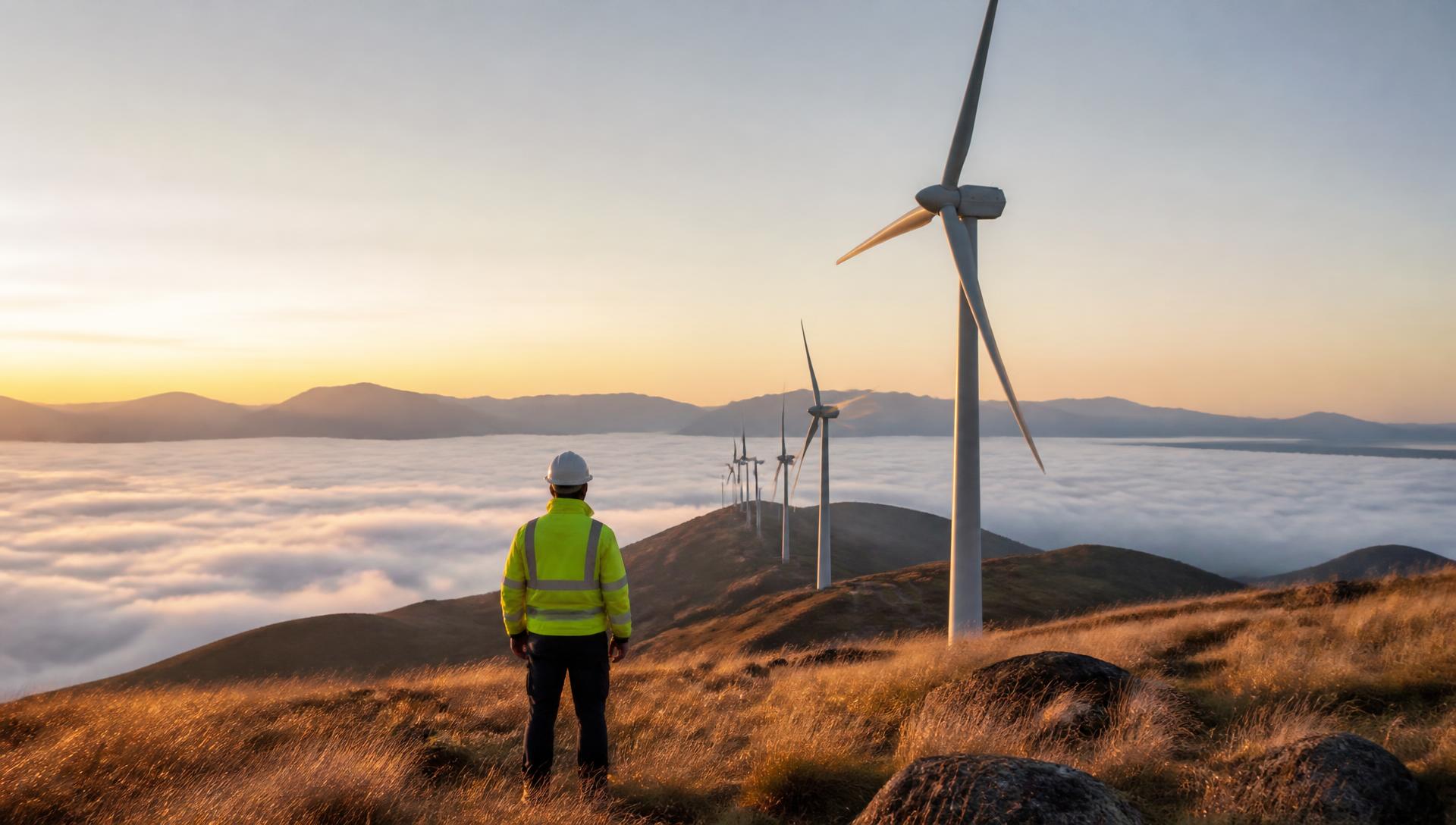 Engineer overlooking a wind farm above the clouds at sunrise